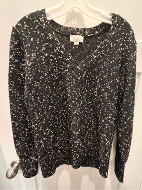 LOFT Outlet Black White Speckled Knit Sweater Large Cozy V Neck Pullover